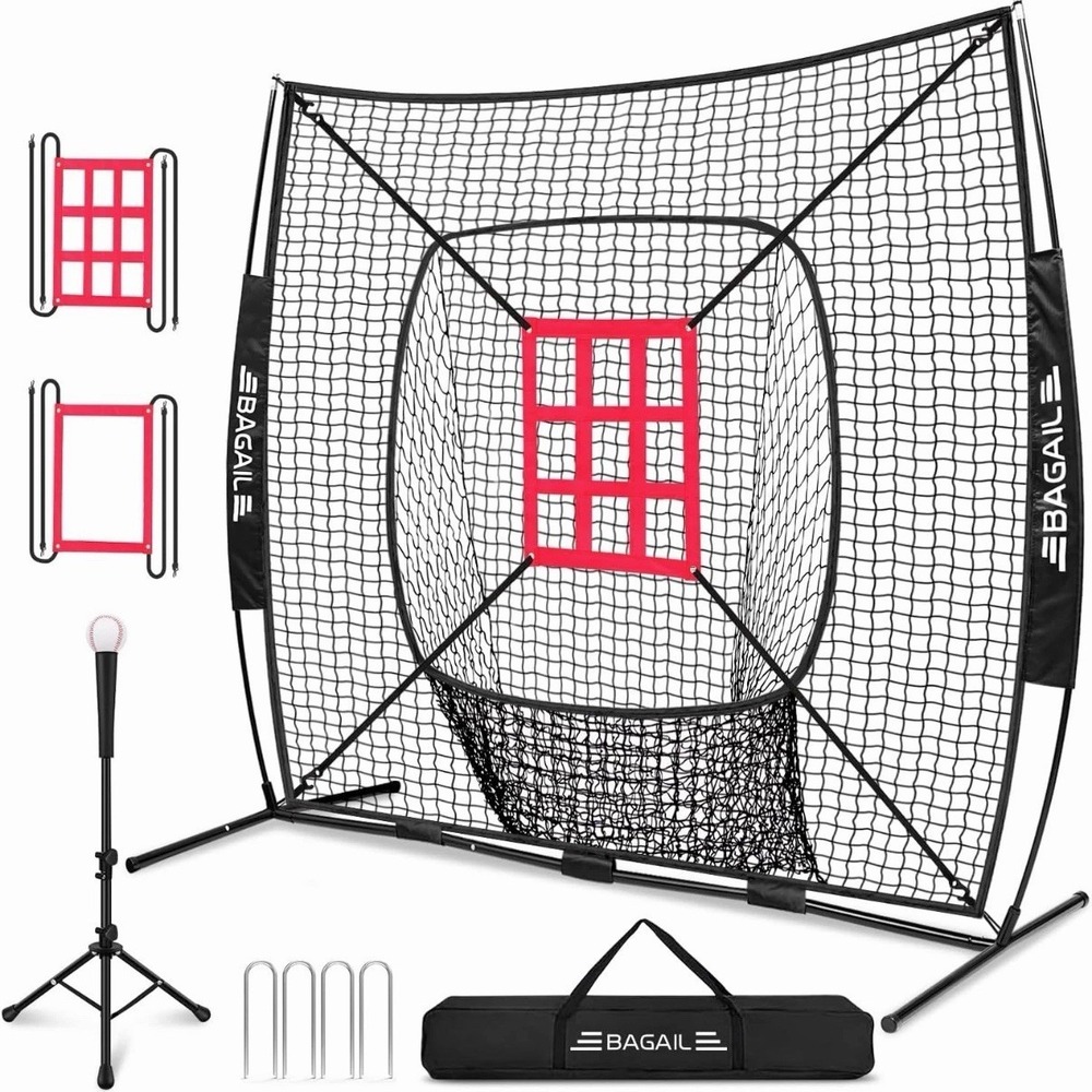 7X7 Ft Extra Large Baseball & Softball Training Net with Batting Tee, Heavy Duty